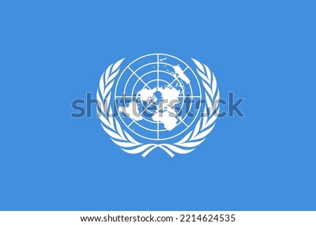 Flag of United Nations (UN), international territory, white UN emblem - polar azimuthal equidistant projection world map surrounded by two olive branches - on a blue background
