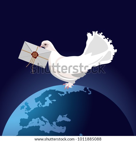White homing pigeon with letter envelope featuring planet Earth. Vector illustration