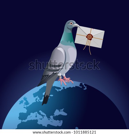 Blue carrier pigeon with envelope featuring planet Earth. Vector illustration