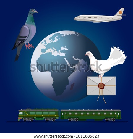 Carrier pigeons set. Vector illustration on the background of the planet Earth