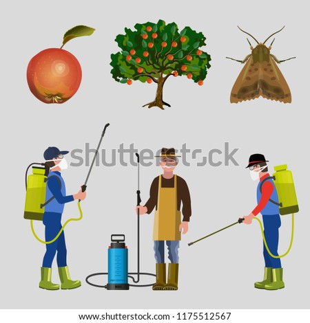 Pest control set with apple tree, codling moth and men with a garden sprayer. Vector illustration isolated on white background
