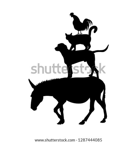 Silhouettes of farm animals as Bremen town musicians. Vector illustration isolated on white background