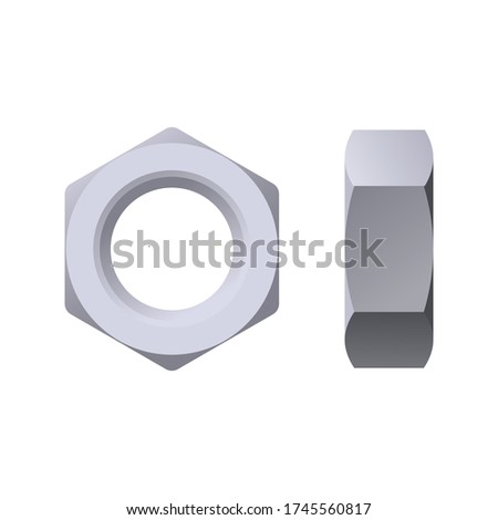 Hexagonal nut top and side view in realistic style. Vector illustration isolated on white background