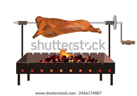 Roasted lamb or beef on a spit. Grill meat dish. Vector illustration isolated on a white background