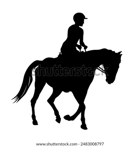 Silhouette of a rider on a dressage horse. Equestrian sport icon. Jockey riding a stallion. Vector illustration isolated on a white background