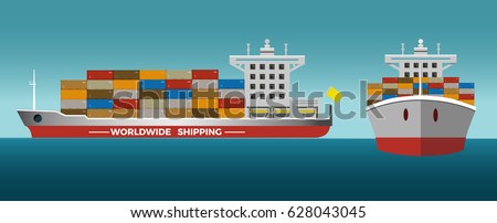 Laden container ship. Front view and side view.