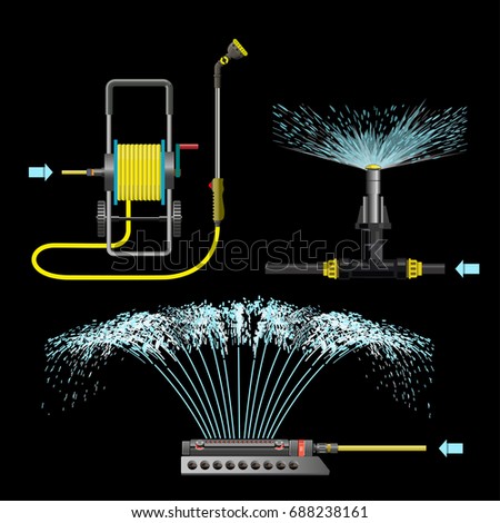 Set of watering equipment. Vector illustration on the black background