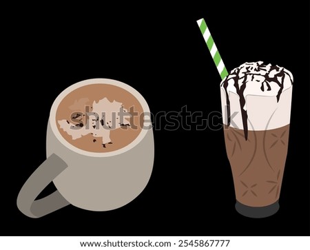 hot chocolate with cinnamon sprinkles and thick chocolate ice that overflows. happy, relax. black background