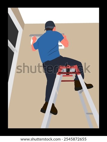 Worker installing air conditioning unit. installing air conditioning machine on the wall inside the house. Air conditioning installation. Flat illustration isolated on white background