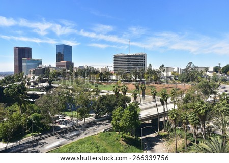 LOS ANGELES - MARCH 13, 2015: View of Figueroa Street in Downtown LA as on March 13, 2015 in Los Angeles, US. Figueroa Street is one of the famous & busiest streets in down town LA.