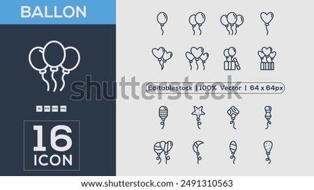  Balloon icon symbol set of outline, solid, flat and filled outline style. Isolated on white background. Editable stroke vector icon.