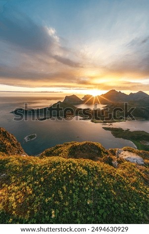 Similar – Image, Stock Photo The sun rises on the horizon, a seagull flies by as we sail