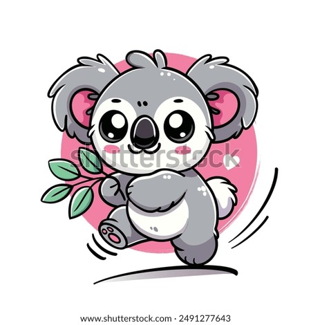 Koala with a leaf, cute cartoon-style koala, koala is holding a branch with green leaves