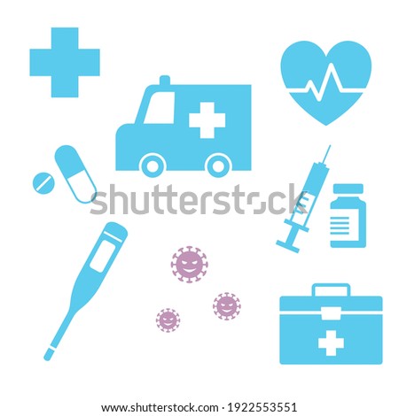 Various medical icons, first aid kit, ambulance, vaccine, virus