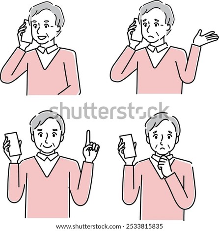 Illustration of a senior man holding a smartphone, set