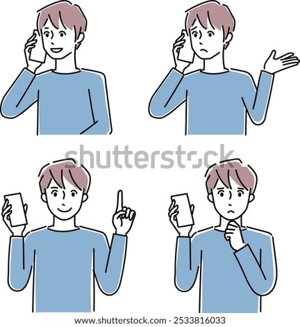 Illustration of a man holding a cell phone, set