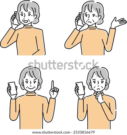 Illustration of a senior woman holding a smartphone, set