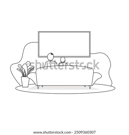 The father and the child are sitting on an armchair in front of the TV outline