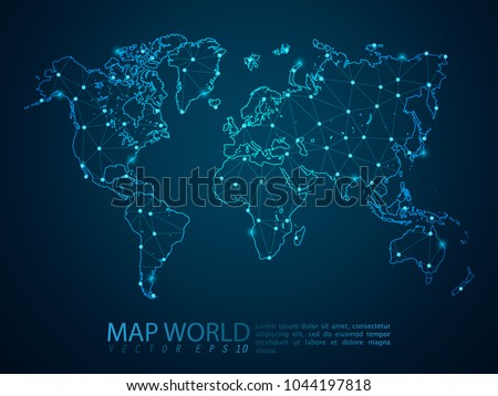 Abstract mash line and point scales on dark background with Map World. Wire Frame 3D mesh polygonal network line, design sphere, dot and structure. Vector illustration eps 10.