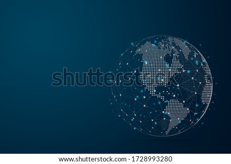 Abstract mash line and point scales on dark background with Map World representing the global . Wire frame 3D mesh polygonal network line, design sphere, dot and structure. Vector illustration eps 10.