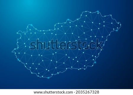 Abstract mash line and point scales on dark background with map of Hungary polygonal network line. Vector illustration eps 10.