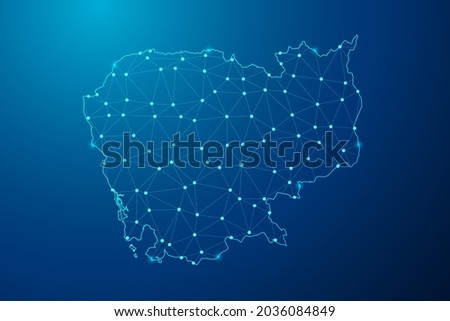 Abstract mash line and point scales on dark background with map of Cambodia polygonal network line. Vector illustration eps 10.