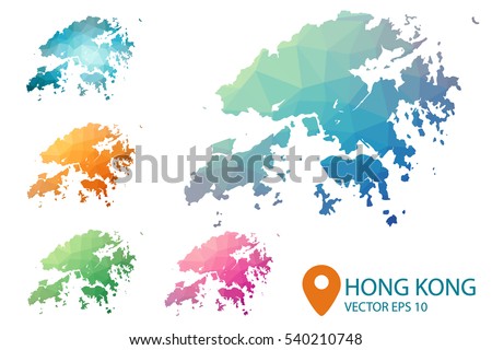Set of vector polygonal Hong Kong maps.  Multicolored country map in geometric style for your infographic. Vector illustration eps 10.