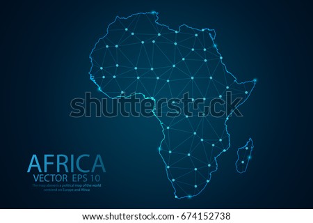 Abstract mash line and point scales on dark background with map of Africa. Wire frame 3D mesh polygonal network line, design sphere, dot and structure. Vector illustration eps 10.