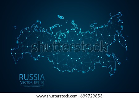 Abstract mash line and point scales on dark background with Map of Russia. Wire frame 3D mesh polygonal network line, polygon design sphere, dot and structure. Vector illustration eps 10.