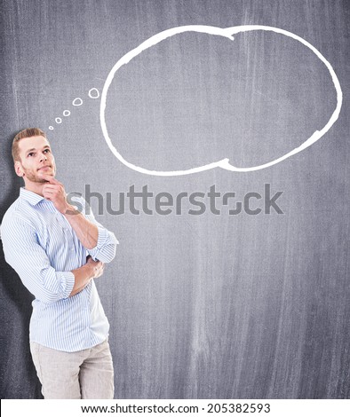 Portrait of pensive and thoughtful businessman with think bubble