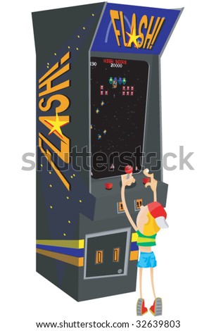 Little guy playing an old arcade machine.
