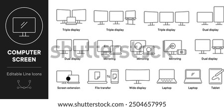 A simple line vector icon illustration of dual display, dual monitor, triple display, triple monitor, and wide monitor.