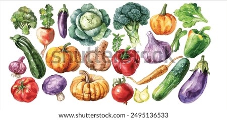 Watercolor Fruit and Vegetables Set on White Background Including Apples, Coconut, Lime, Tomatoes, Cucumber, and More. Vegetarian Diet Food with Vitamins.