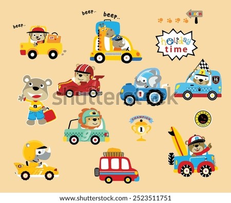 Funny Cartoon Animals Driving Cars, Trucks, and Buses – Cute Pets Driving Transport. Rabbit, Fox, and Bear Drivers, Classy Vector Set for Kids