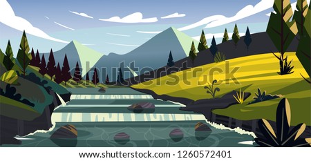 New Zealand landscape.Green fields, forests and the river flows from the snowy mountains.