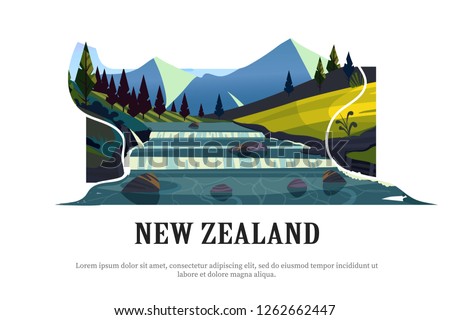 New Zealand landscape.Green fields, forests and the river flows from the snowy mountains.Isolated on white background illustration with modern design.