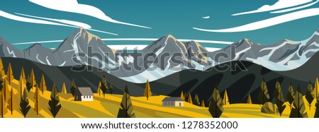 New Zealand landscape.Green fields with white houses,Golden forests and snowy mountains.