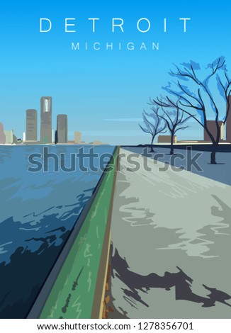 Detroit modern vector poster. Detroit, Michigan landscape illustration.Top 20 most populated cities of the USA.