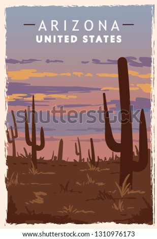 Arizona desert retro poster. USA Arizona travel illustration. United States of America greeting card. vector illustration.
