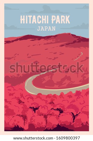 Top most unusual places on earth. Hitachi Park retro poster, vector illustration.