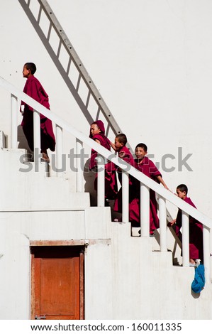 DISKIT, INDIA - SEPTEMBER 12: Unidentified tibetan boys, novice monks, student of Buddhist school at Diskit monastery, going to classroom on September 12, 2012 in Diskit Gompa, Nubra, Ladakh, india