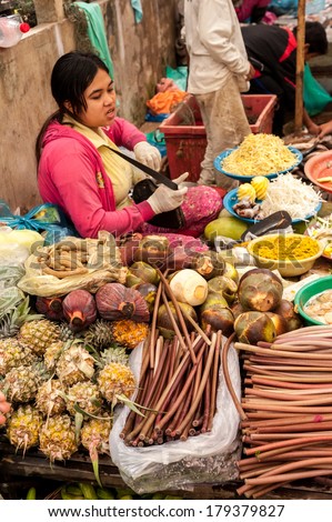 SIEM REAP, CAMBODIA - DEC 22, 2013: Unidentified Khmer woman selling fruits, herbs and spices at traditional marketplace on Dec 22, 2013 in Siem Reap, Cambodia. Street food markets are popular in asia