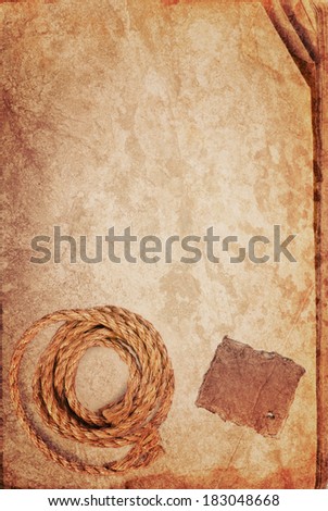 Grunge texture of old book paper sheet , hemp rope and cardboard blank with space for your text