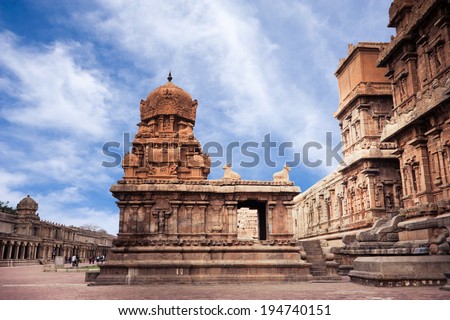 Great South Indian architecture. Brihadishvara Temple 12th century AD over blue sky. South India, Tamil Nadu, Thanjavur (Trichy) . UNESCO World Heritage Site