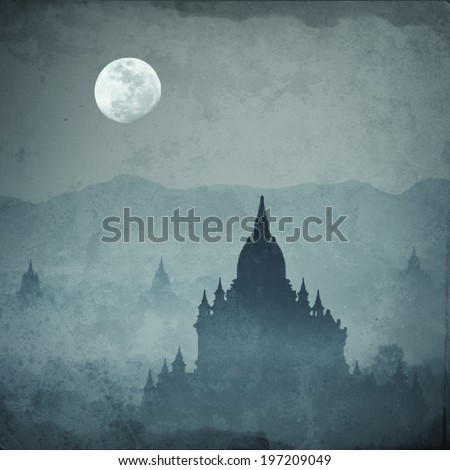 Amazing castle silhouette under moon at mysterious night. Fantasy grunge background in vintage style