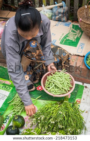 LUANG PRABANG, LAOS - DEC 8: Unidentified woman selling green grocery and spices at traditional asian food marketplace on Dec 8, 2013 in Luang Prabang, Laos