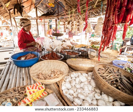 BAGAN, MYANMAR - JANUARY 16, 2014: Burmese woman selling spices and local goods at traditional asian marketplace. Burma travel destinations