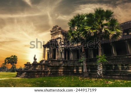 Ancient Khmer architecture. Amazing view of Angkor Thom temple at sunset. Angkor Wat complex, Siem Reap, Cambodia travel destinations