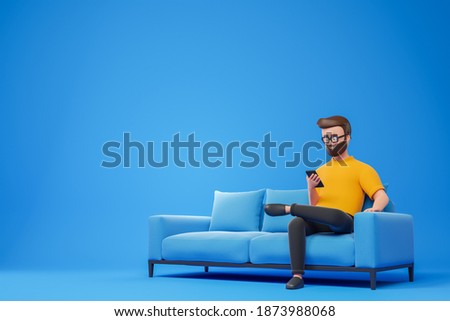 Cartoon smiling beard hipster man in yellow t-shirt and glasses seat on sofa and using smartphone over blue background. 3d render illustration.