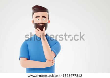 Portrait of cartoon thinking man in blue t-shirt over white background. 3d render illustration.